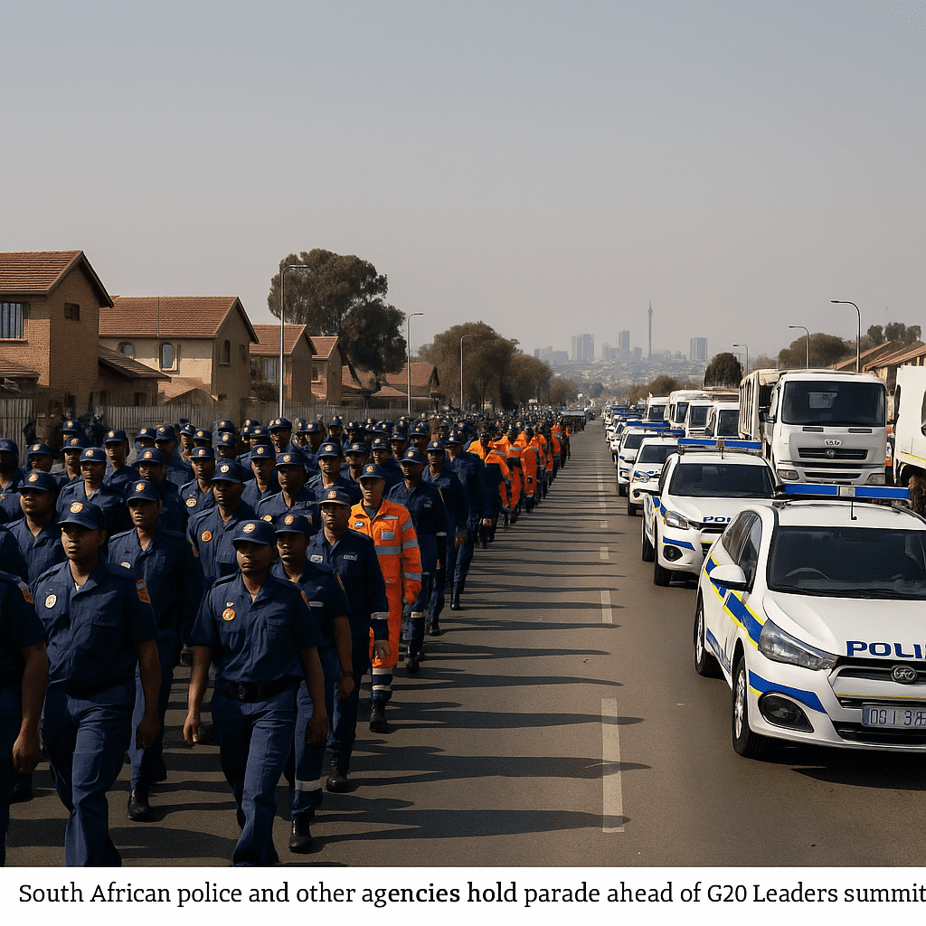 South African police and emergency personnel march in a parade in Soweto ahead of the G20 summit.