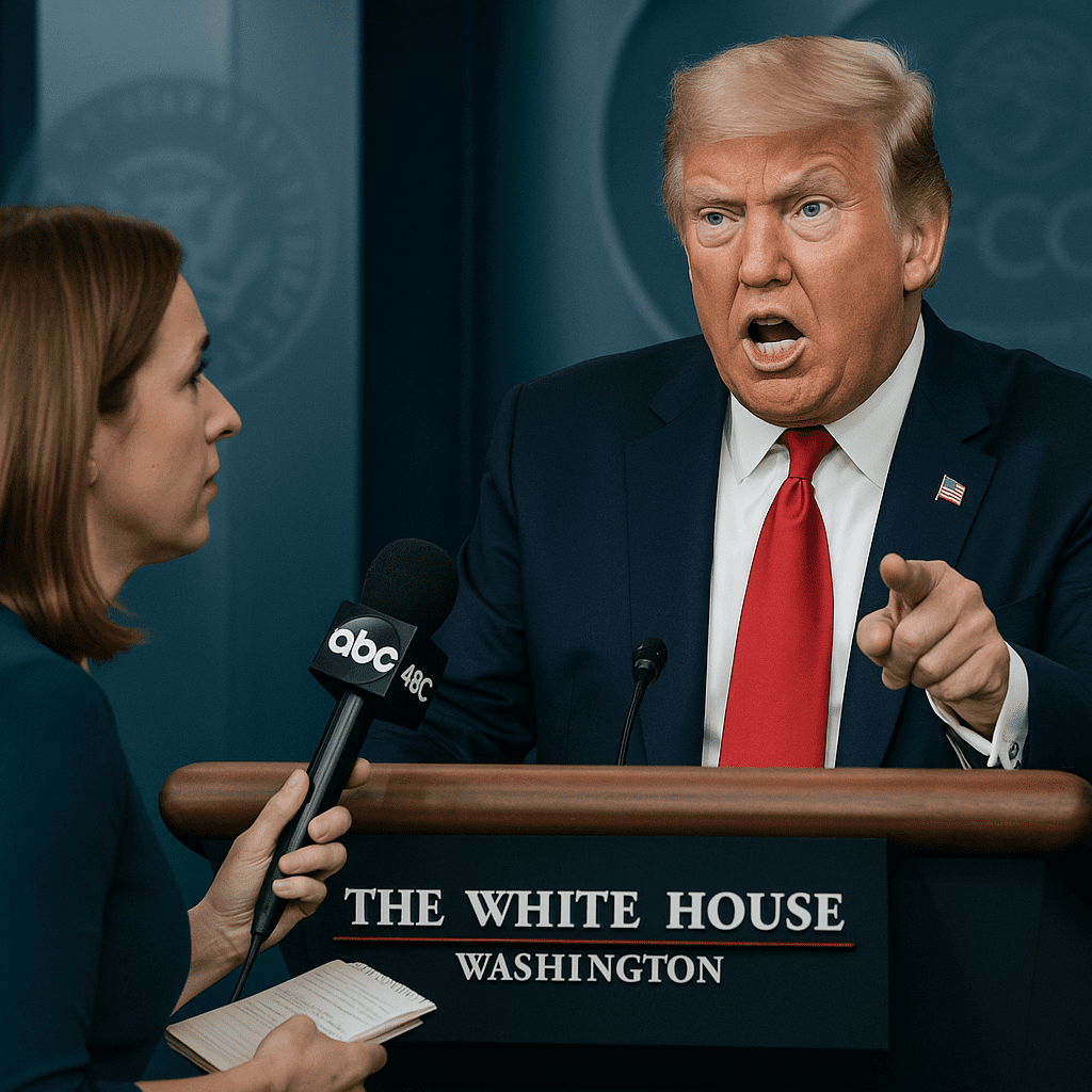 President Trump speaking at a podium while an ABC reporter holds a microphone in a White House press room; an FCC logo is visible in the background.