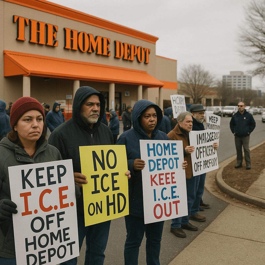 Protesters gathered outside a Home Depot store in Charlotte holding signs.