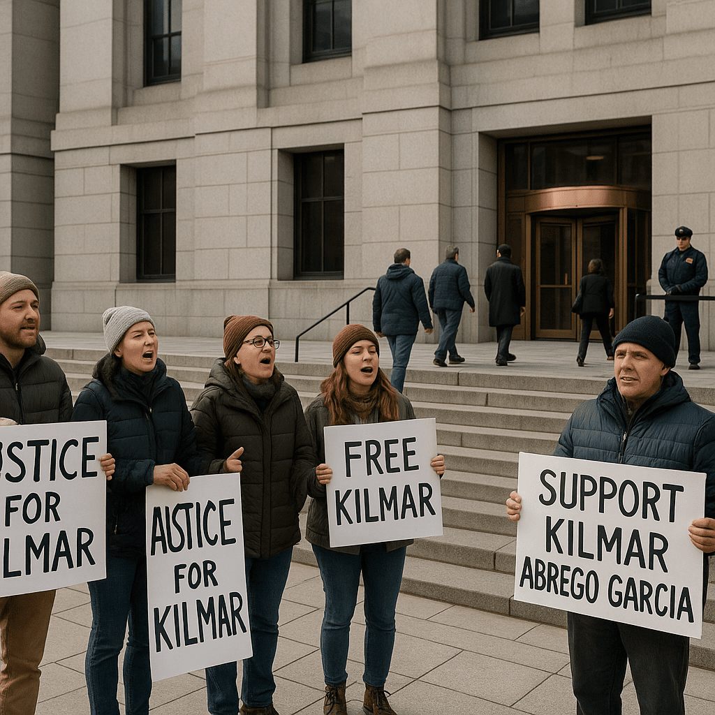 Supporters with signs sing near a courthouse entrance while security maintains a clear path for public access.