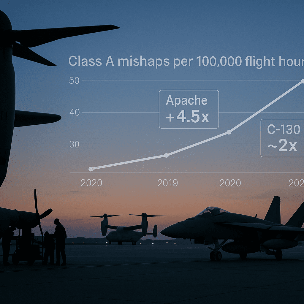 Military aircraft on a dim airfield tarmac with an overlaid upward trend chart of Class A mishaps.