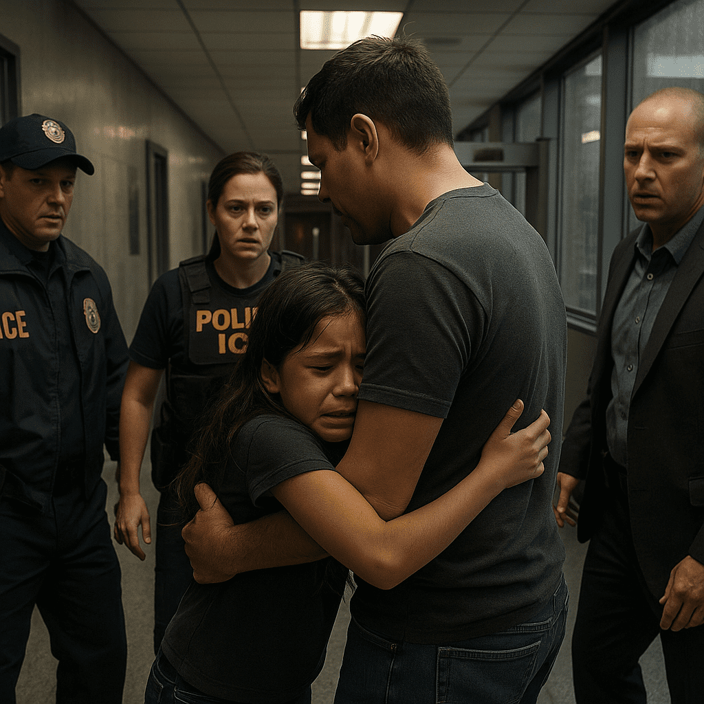 Girl clinging to an asylum-seeking father as ICE agents detain him outside a New York immigration courthouse, July 31, 2025.
