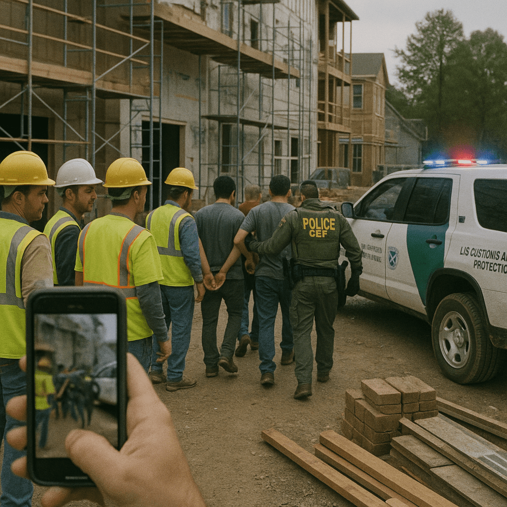 Customs and Border Protection agents detaining people at a construction site in Cary, North Carolina, with a bystander recording on a cellphone.