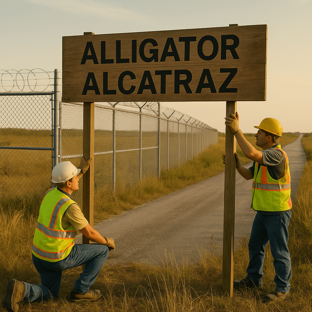 Workers installing an 'Alligator Alcatraz' sign at the entrance to the Everglades detention facility, July 3, 2025.