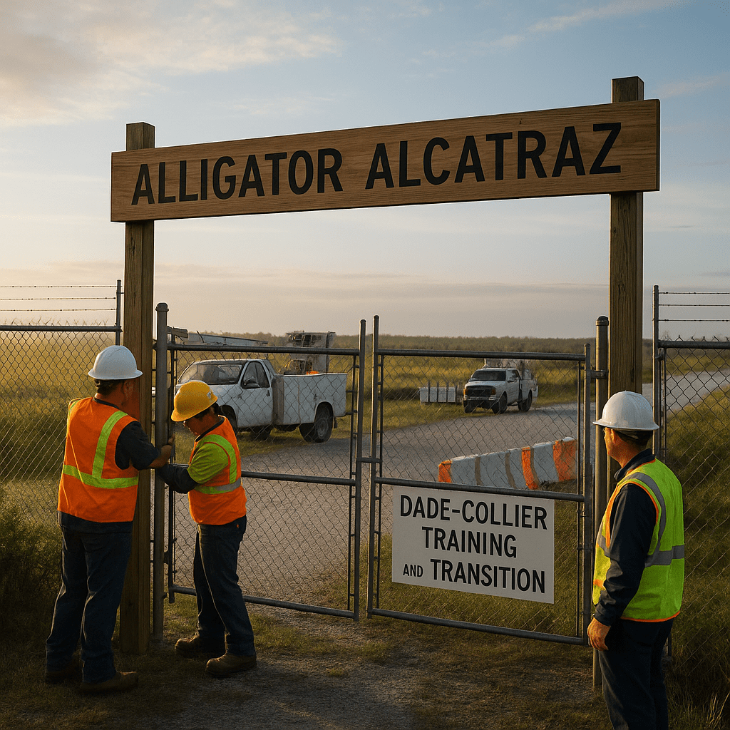 Workers mount an 'Alligator Alcatraz' sign at the Dade‑Collier Training and Transition facility entrance in Ochopee, Florida, July 3, 2025.