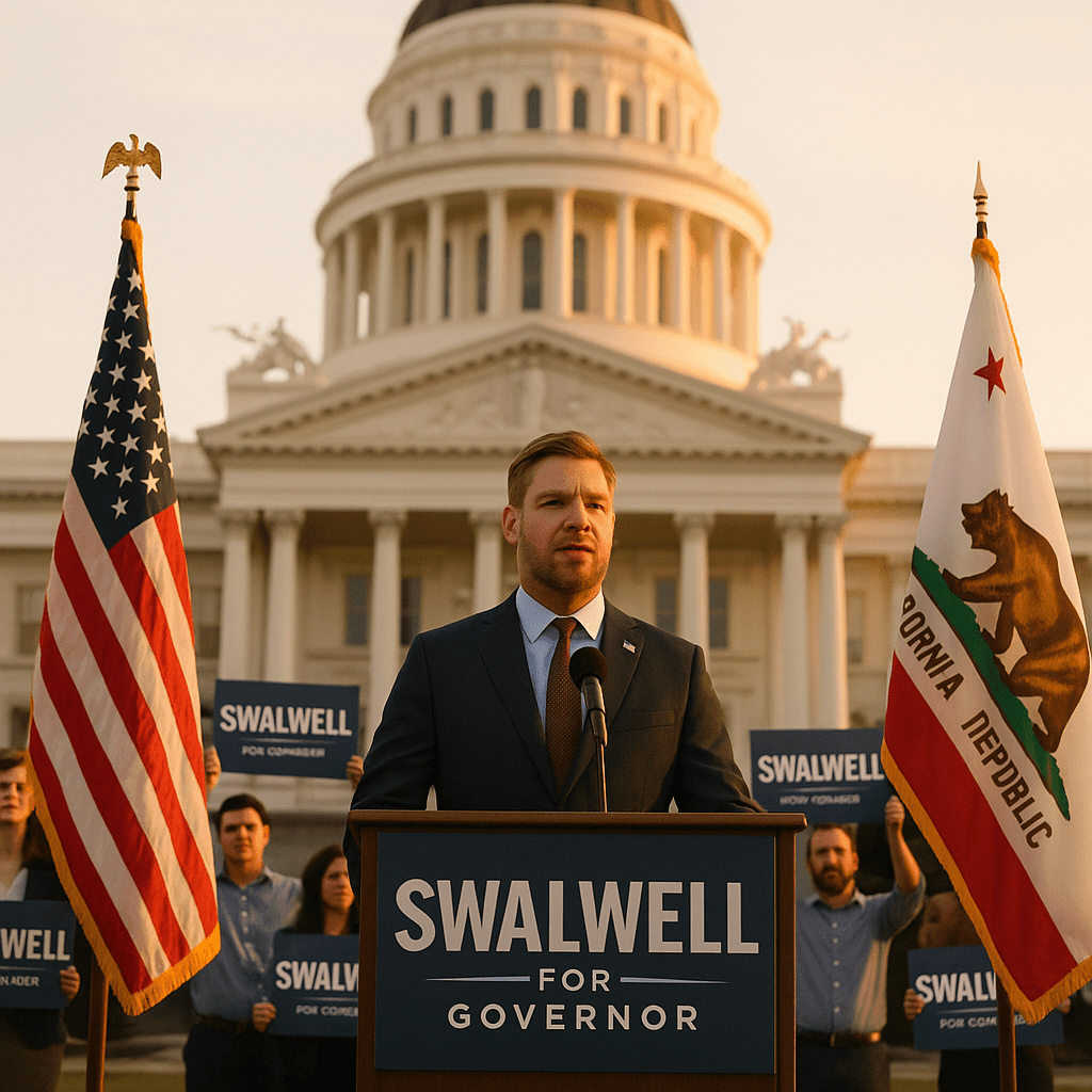 A campaign lectern outside the California State Capitol as supporters gather with signs and California flags at dusk.