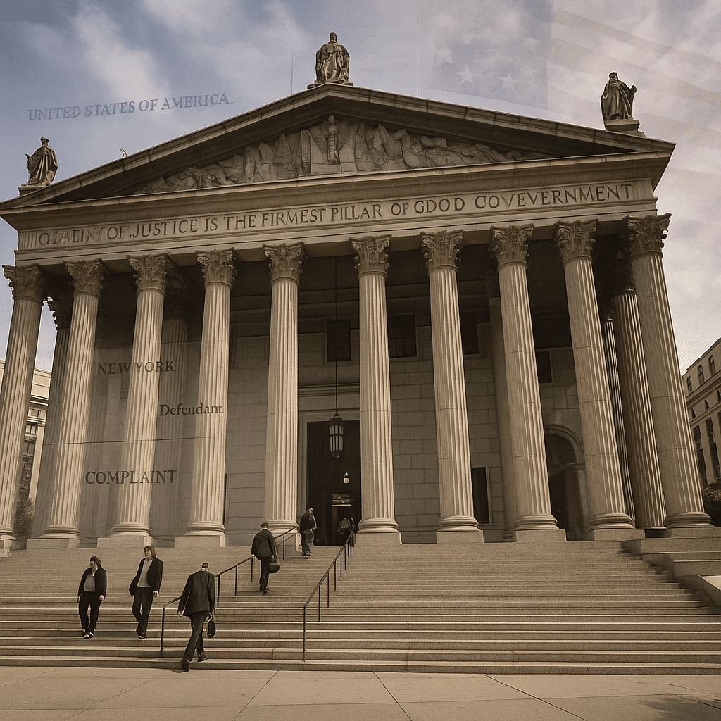 Front steps of a New York state courthouse with people entering and leaving, implying court access and legal dispute.