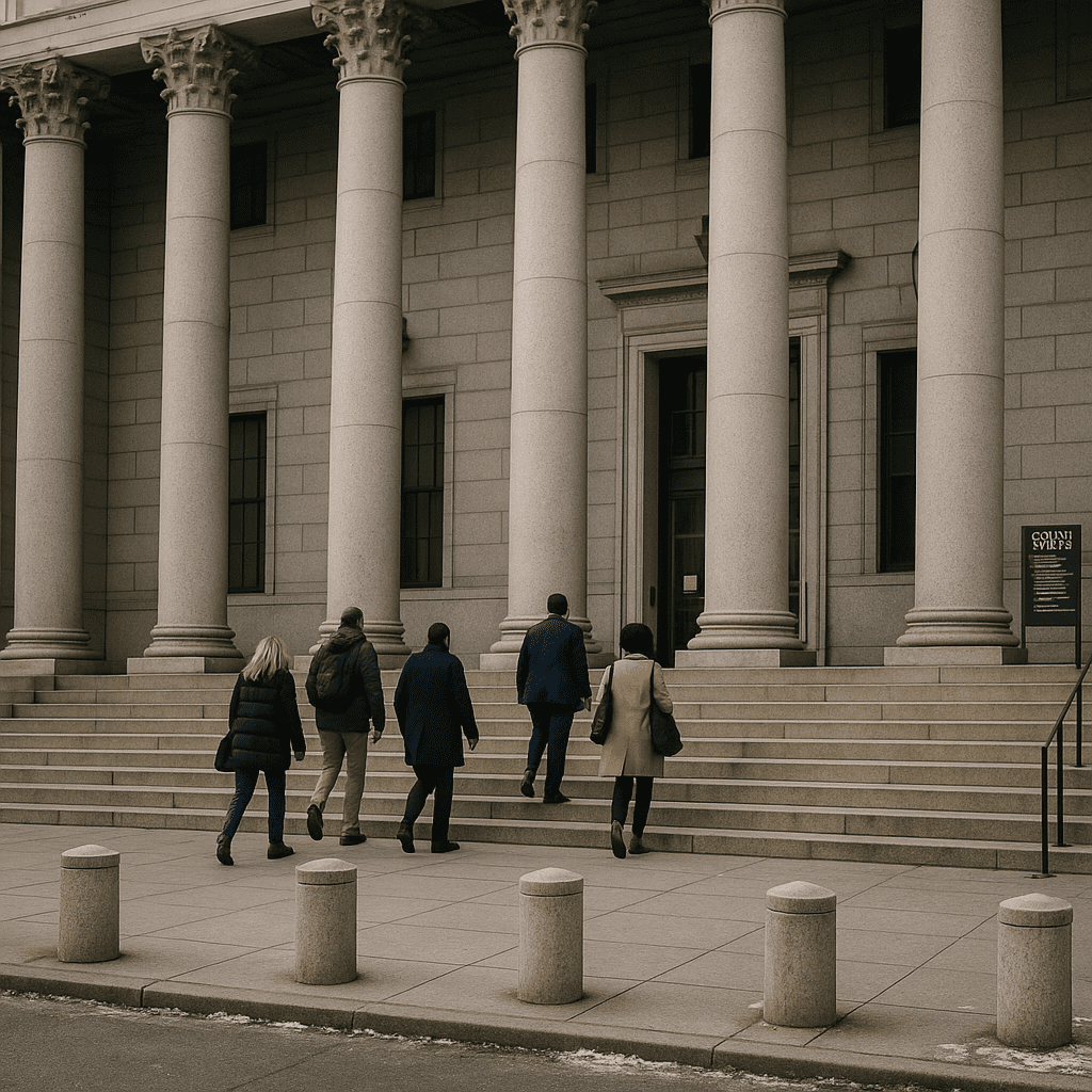 People walk up the steps of a New York state courthouse on a clear afternoon.