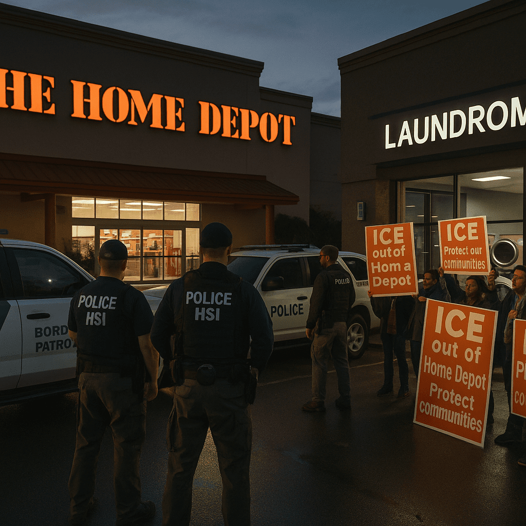 Federal agents and Border Patrol vehicles near a Home Depot with protesters holding orange-and-white signs in Charlotte.