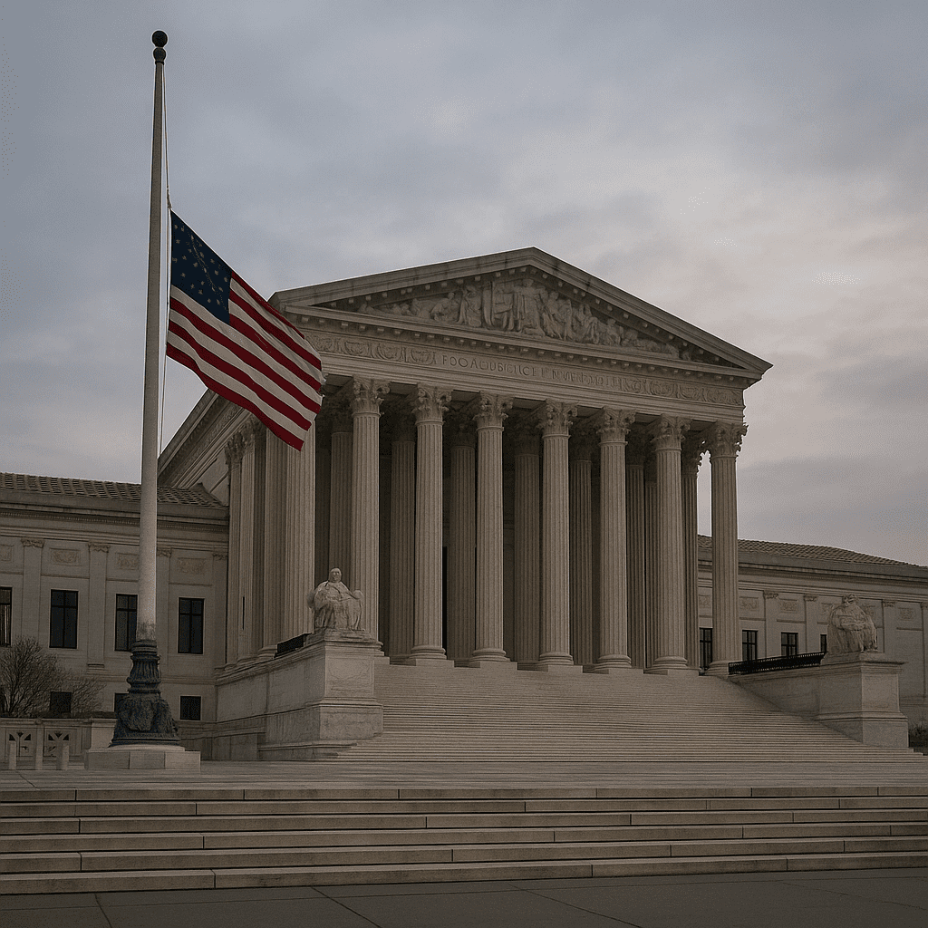 The U.S. Supreme Court building at dawn with an American flag at half-staff and empty steps.