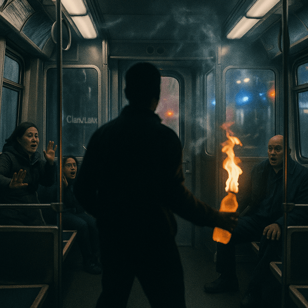 Surveillance-style image of a man holding a flaming bottle inside a Blue Line train car near Clark/Lake station.
