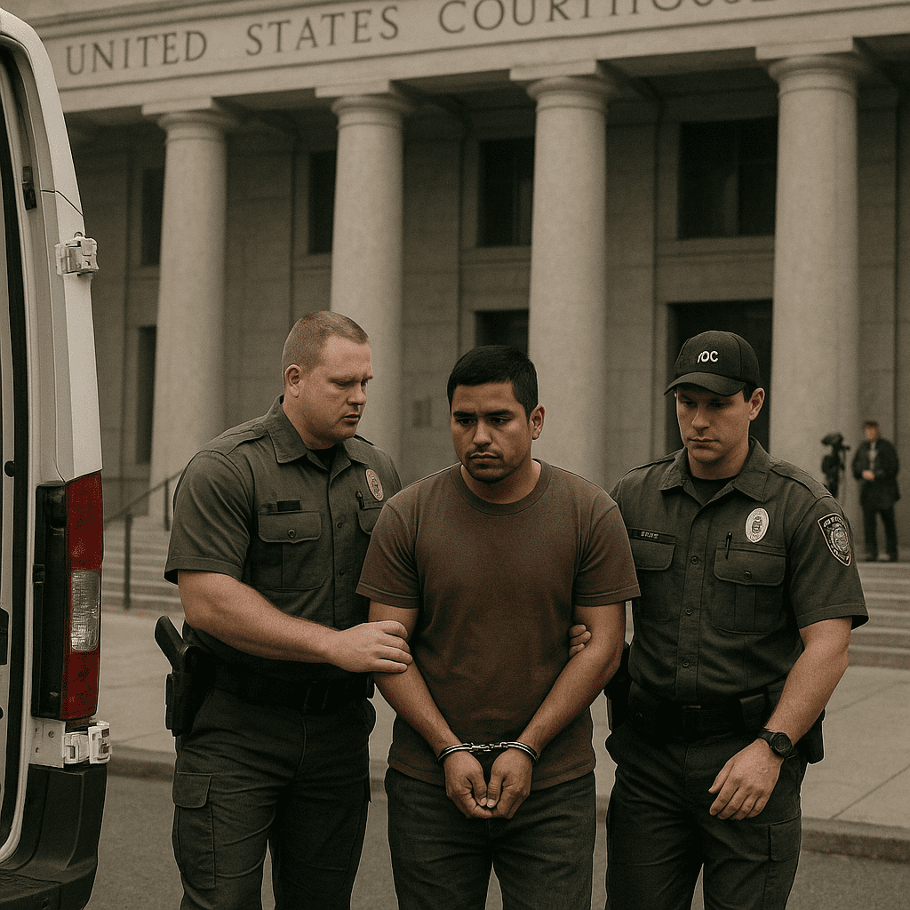 Officers escort a detainee from a transport van toward a federal courthouse entrance.