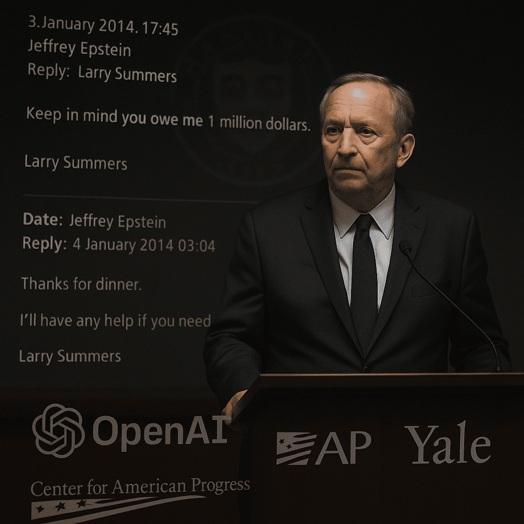 Larry Summers at a lectern with faint Harvard seal behind him and overlaid text suggesting released emails and institutional logos.