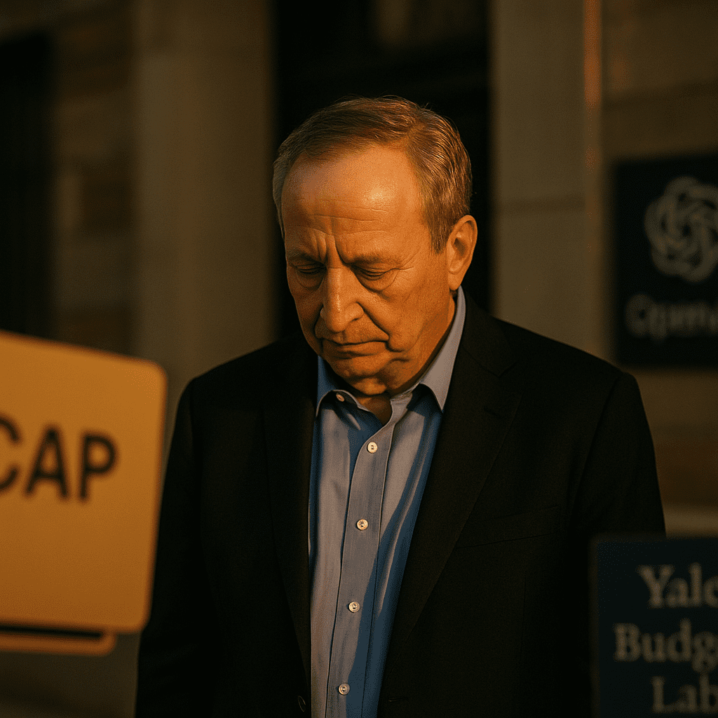 Larry Summers standing outside a university building with institutional logos subtly visible in the background.
