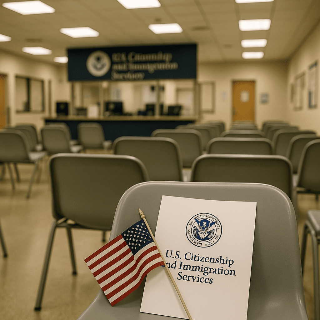 An information packet and American flag rest on a chair inside a USCIS field office waiting area.
