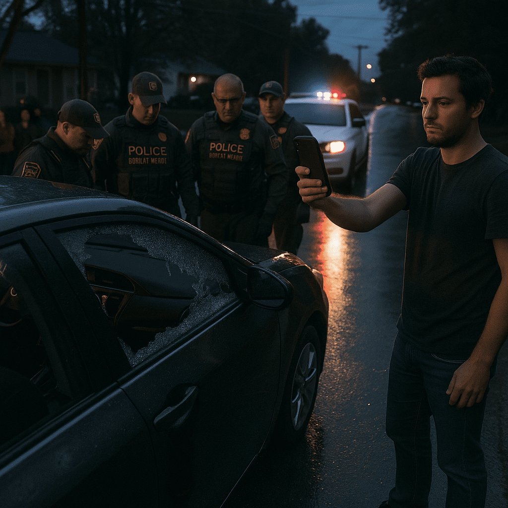 Cellphone video-style scene showing Border Patrol agents near a car with a broken window while a man films on a Charlotte street.