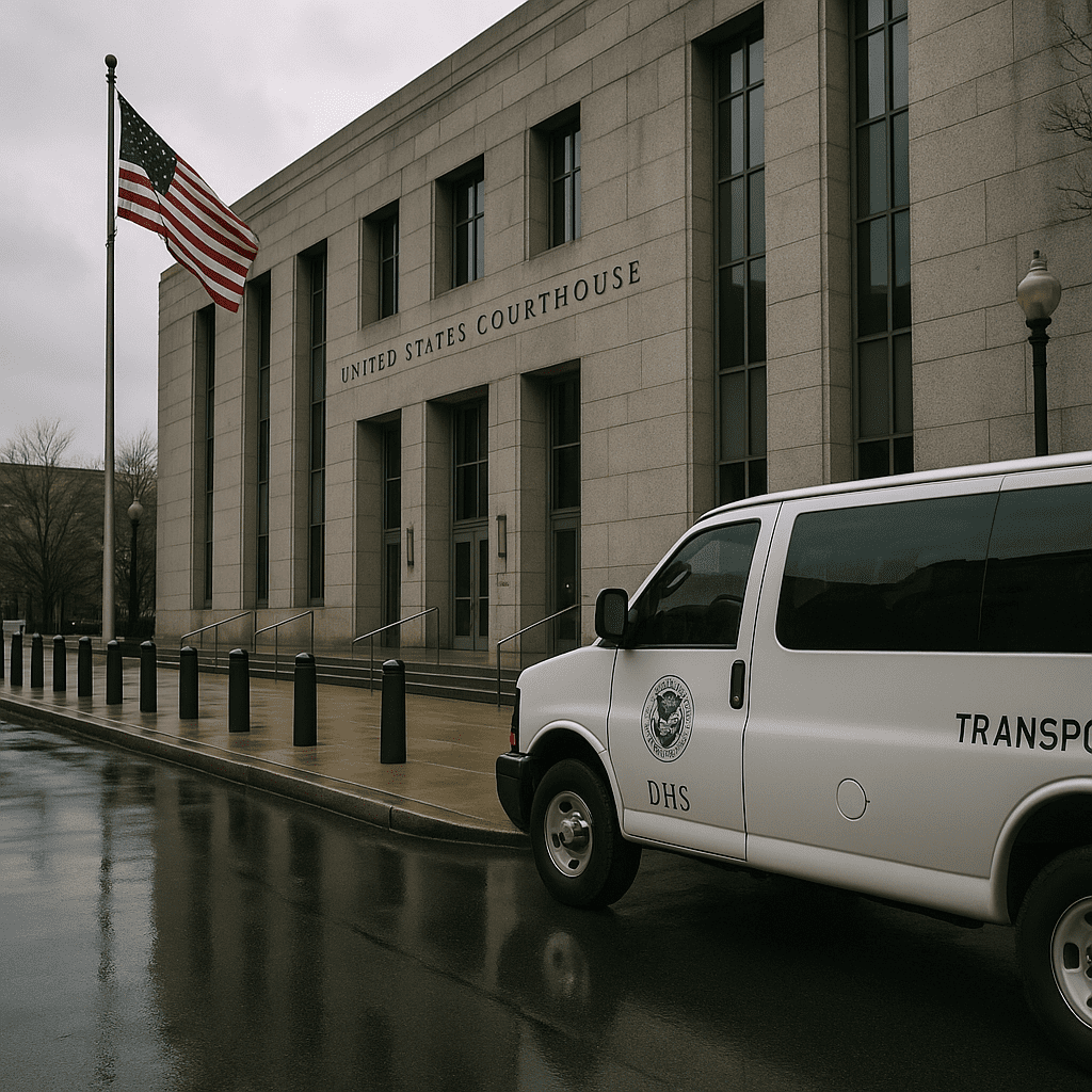 Exterior of a Maryland federal courthouse as a decision nears on whether to release Kilmar Abrego Garcia from immigration custody.