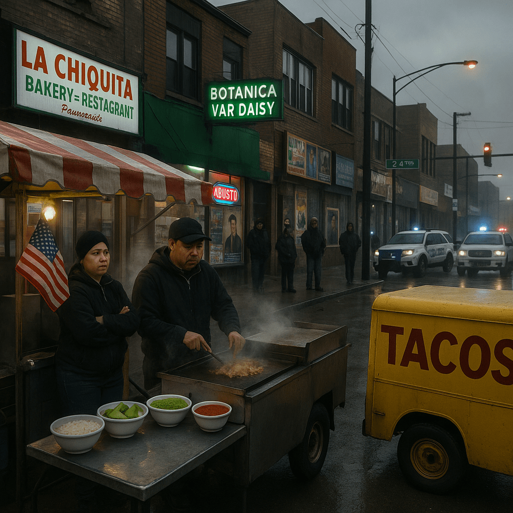 A Mexican street vendor couple serves elotes from a Little Village stand as law enforcement vehicles patrol a nearby intersection.