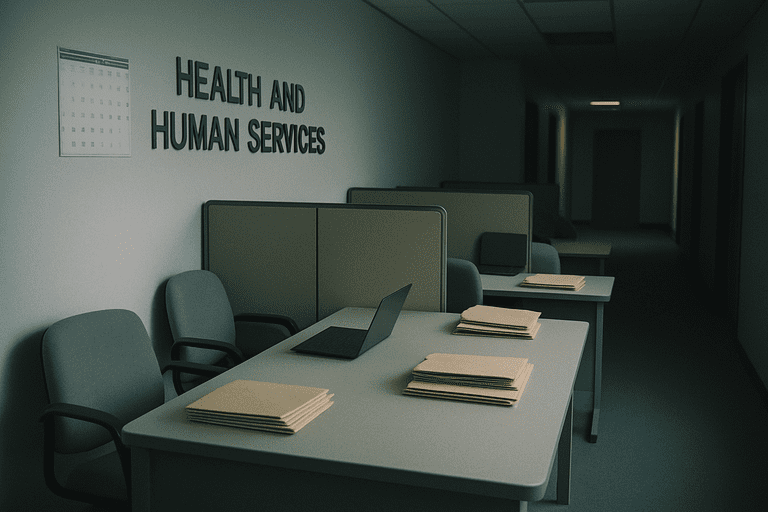 Empty regional HHS office desks with laptops and files, dimly lit corridor in background.