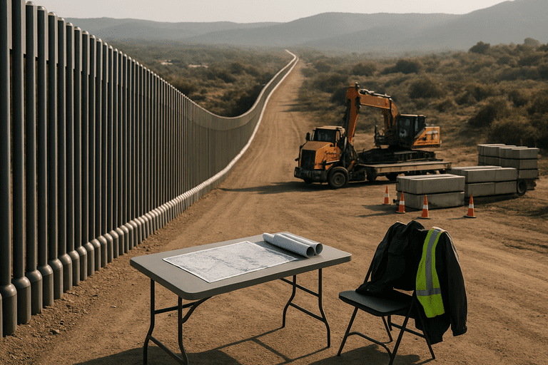 Construction of a border barrier near a port of entry with officers and workers onsite.