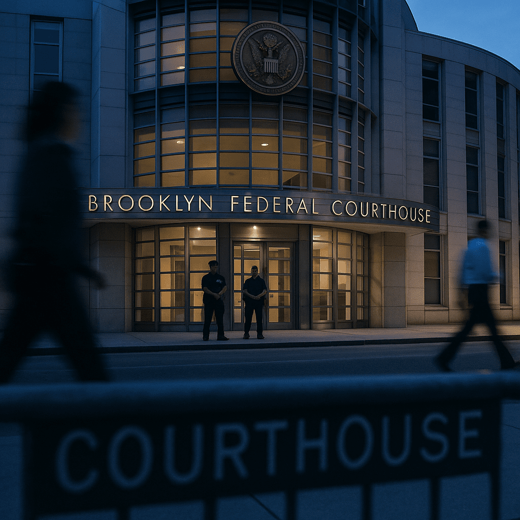 Brooklyn Federal Courthouse entrance with security officers standing outside.