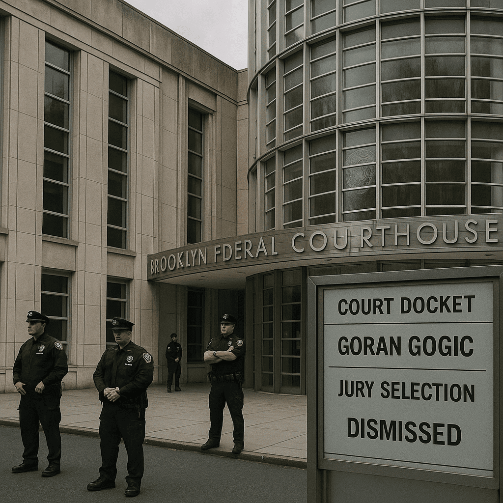 Brooklyn Federal Courthouse entrance with NYPD officers and a court docket display noting jury dismissal.