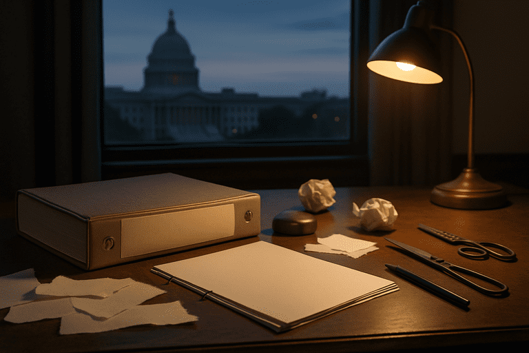 Analysts in a federal conference room review deregulation timelines on computer screens and binders.