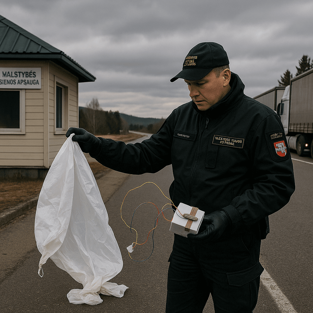 Border guard inspects a deflated balloon and payload beside idling trucks at a Lithuanian border crossing.
