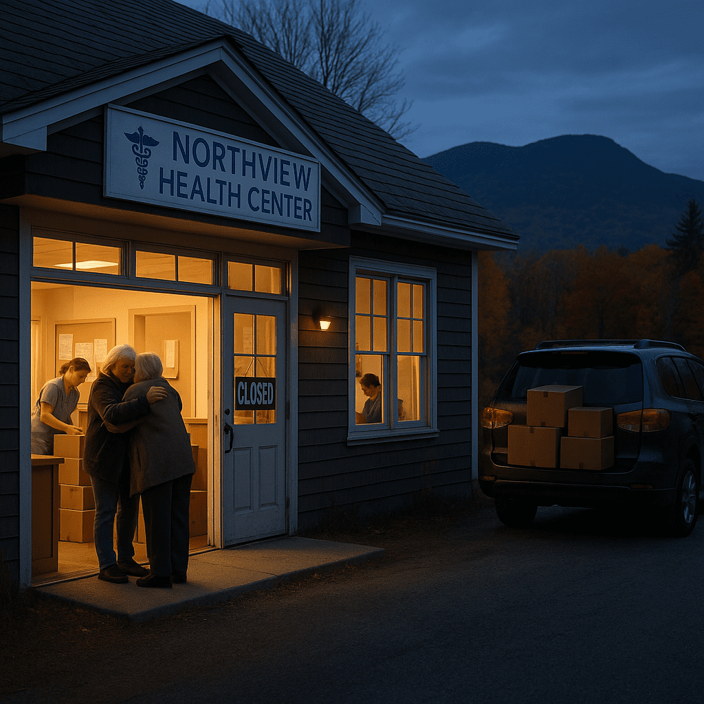 da560f3a8b1828b50a19d9cd36ff7edc446f4c51f91a667c65d20cf29c4d9efd Staff pack boxes inside a closed community health clinic as an elderly patient hugs a staffer, autumn hills visible outside.