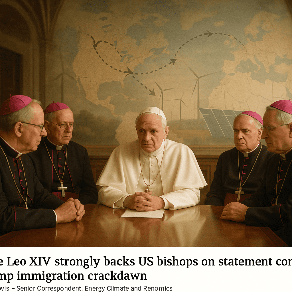 Pope Leo XIV meeting U.S. bishops with a faint overlay map and wind turbines in the background representing climate and migration themes.