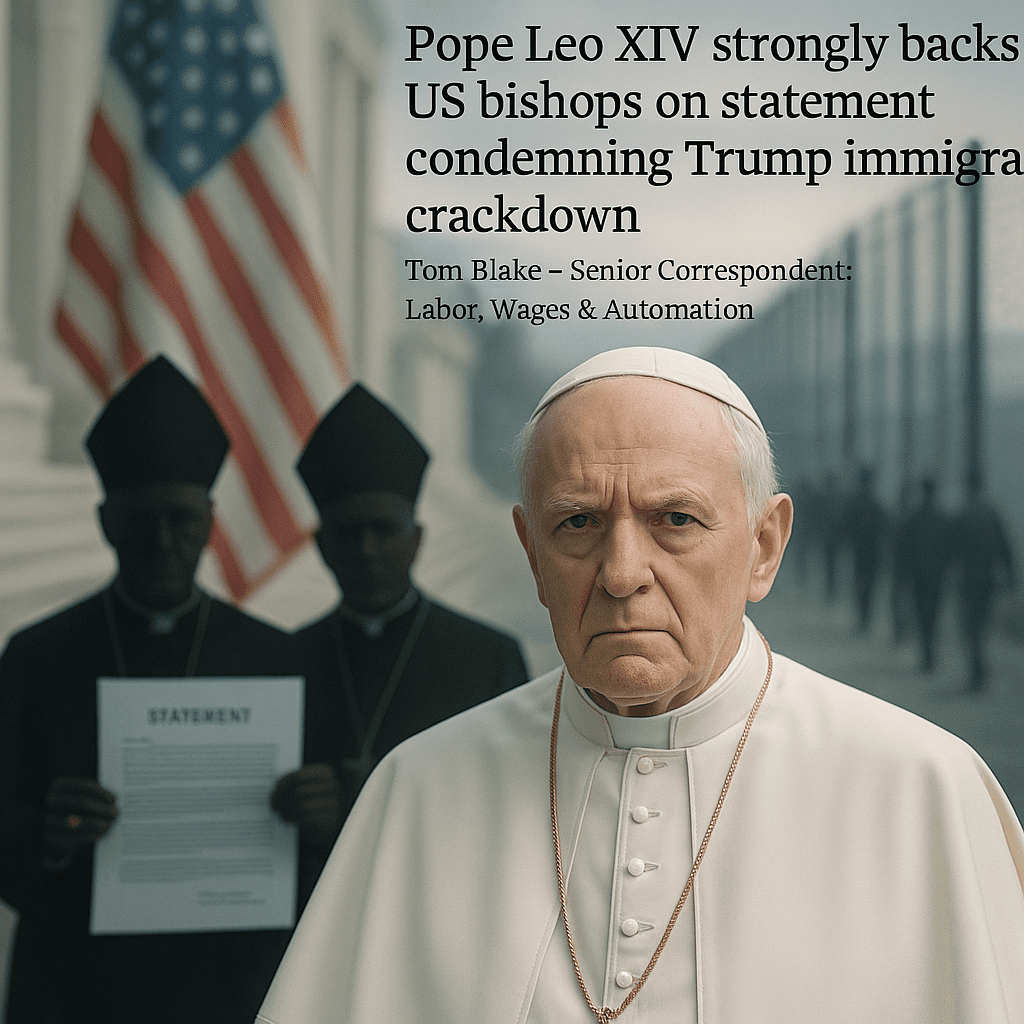 Pope Leo XIV in papal white with silhouettes of U.S. bishops and a faint border fence and courthouse in the background.