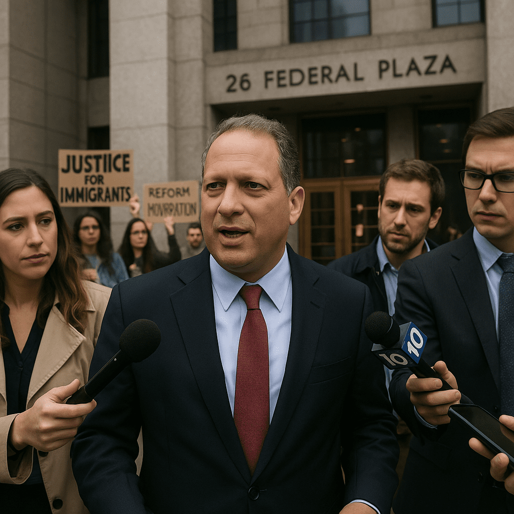 Brad Lander leaving a Manhattan federal courthouse with 26 Federal Plaza visible and protesters in the background.