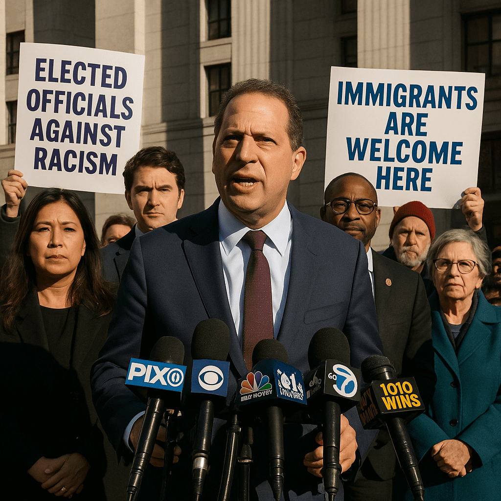 Brad Lander speaking to reporters outside a federal courthouse with protesters and officials behind him.