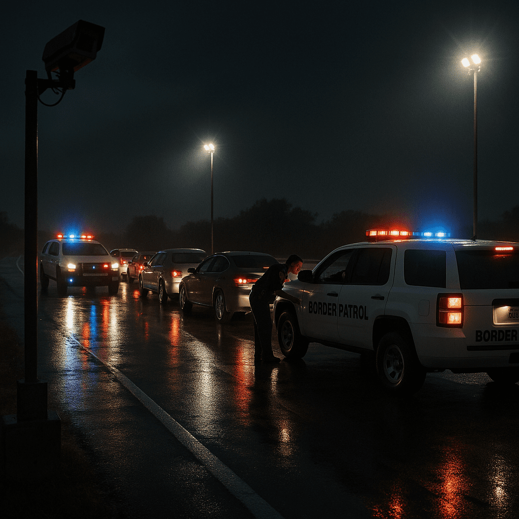 Border Patrol agents conduct nighttime checks of vehicles queued at a highway checkpoint.