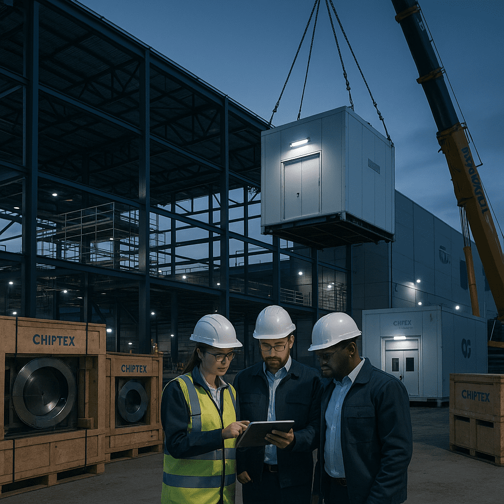 Engineers review plans at a U.S. chip factory construction site as heavy equipment installs fabrication modules.