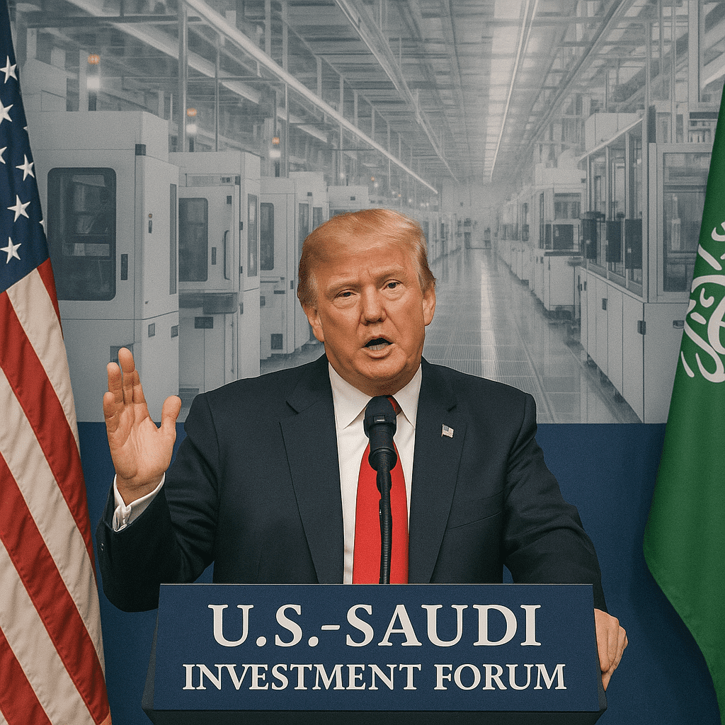 Donald Trump speaking at the U.S.-Saudi Investment Forum with a superimposed image of a semiconductor fab interior.