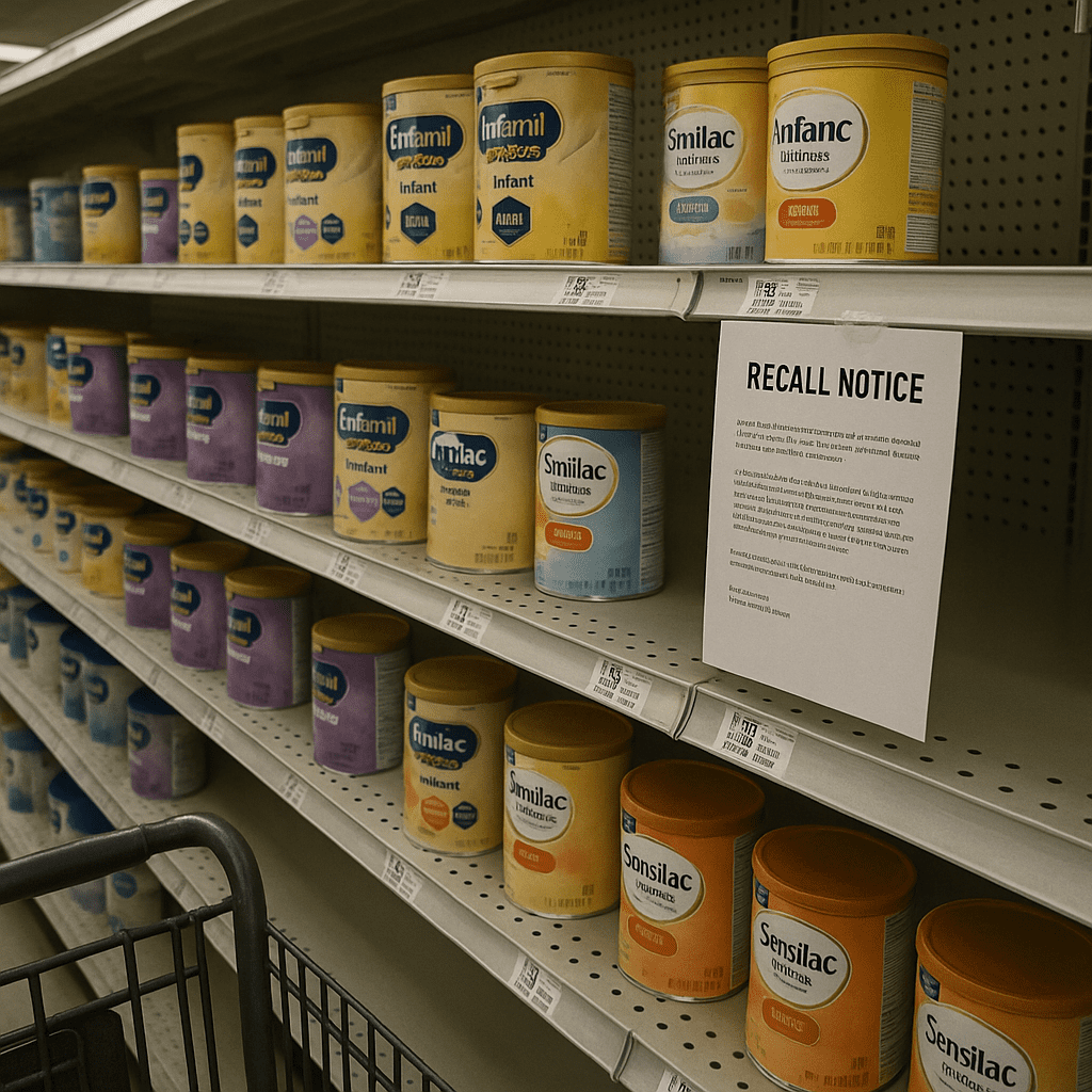 A supermarket baby formula aisle with a recall notice visible on the shelf.