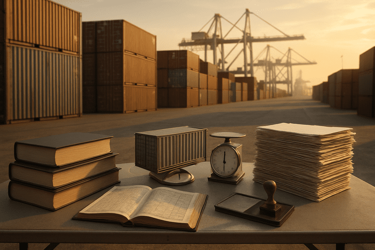 Customs officers review shipping paperwork beside stacked cargo containers at a port terminal.