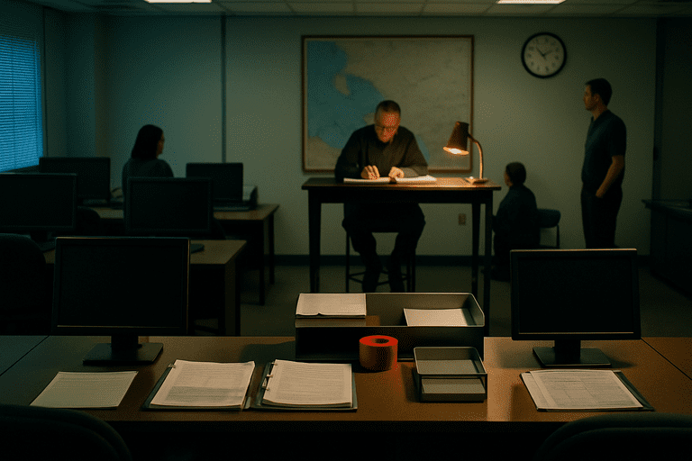 Regional emergency operations center with staff at desks and officials consulting a clipboard.