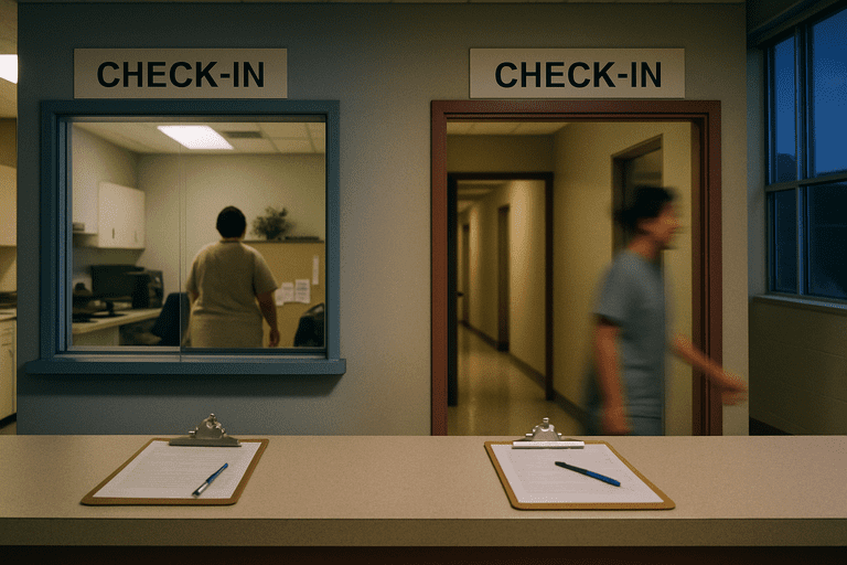 A clinic reception area with two distinct check‑in windows and staff moving between separated spaces.