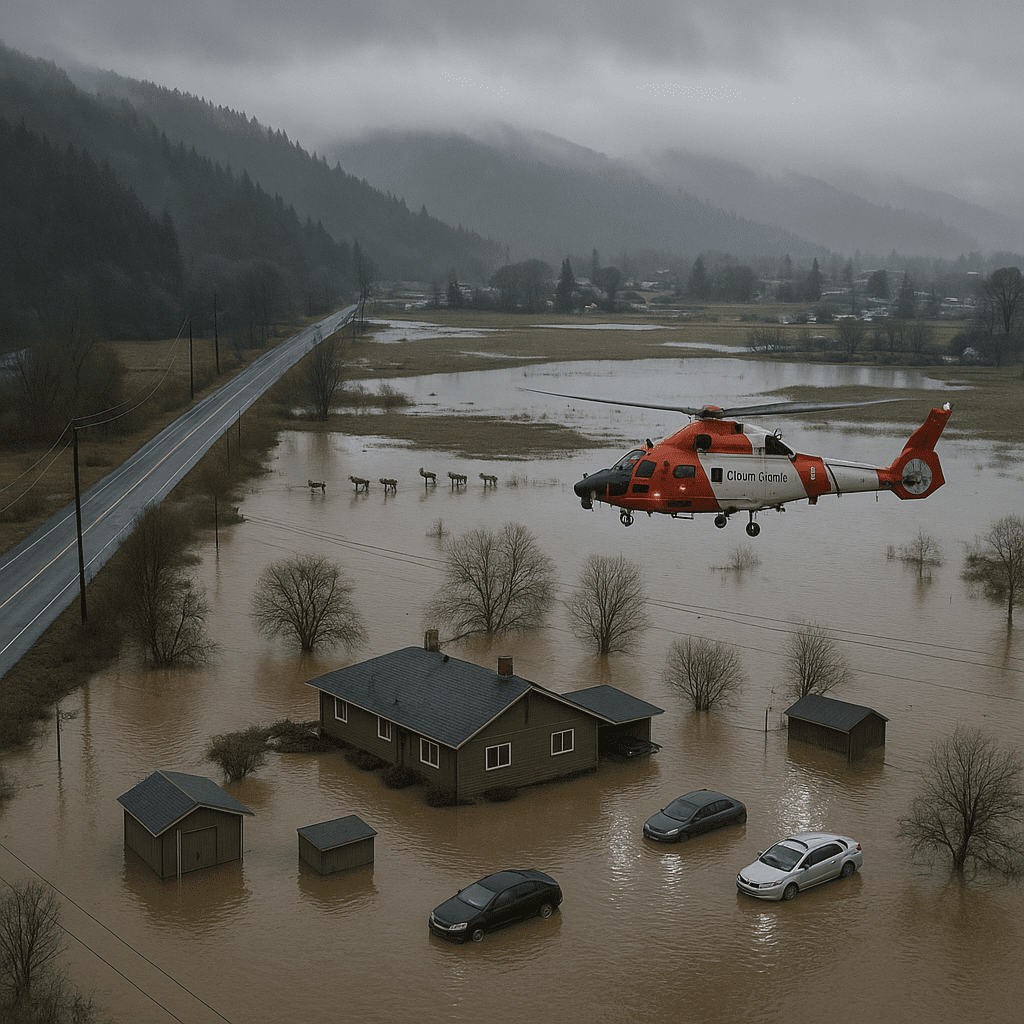 A Coast Guard helicopter hovers above a flooded Washington home surrounded by standing water and fields after days of heavy rain.