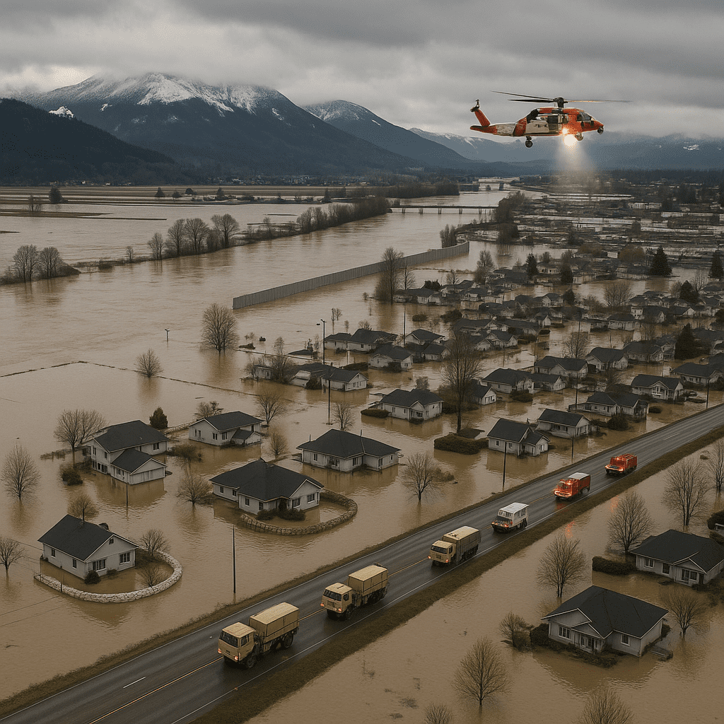 A helicopter and emergency vehicles operate amid extensive floodwaters around homes and fields in western Washington.