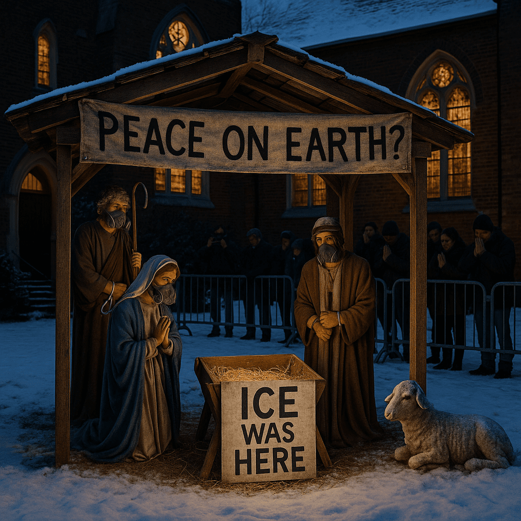 Nativity scene outside a church with no baby Jesus and a sign reading “ICE WAS HERE,” as people look on from behind barriers.