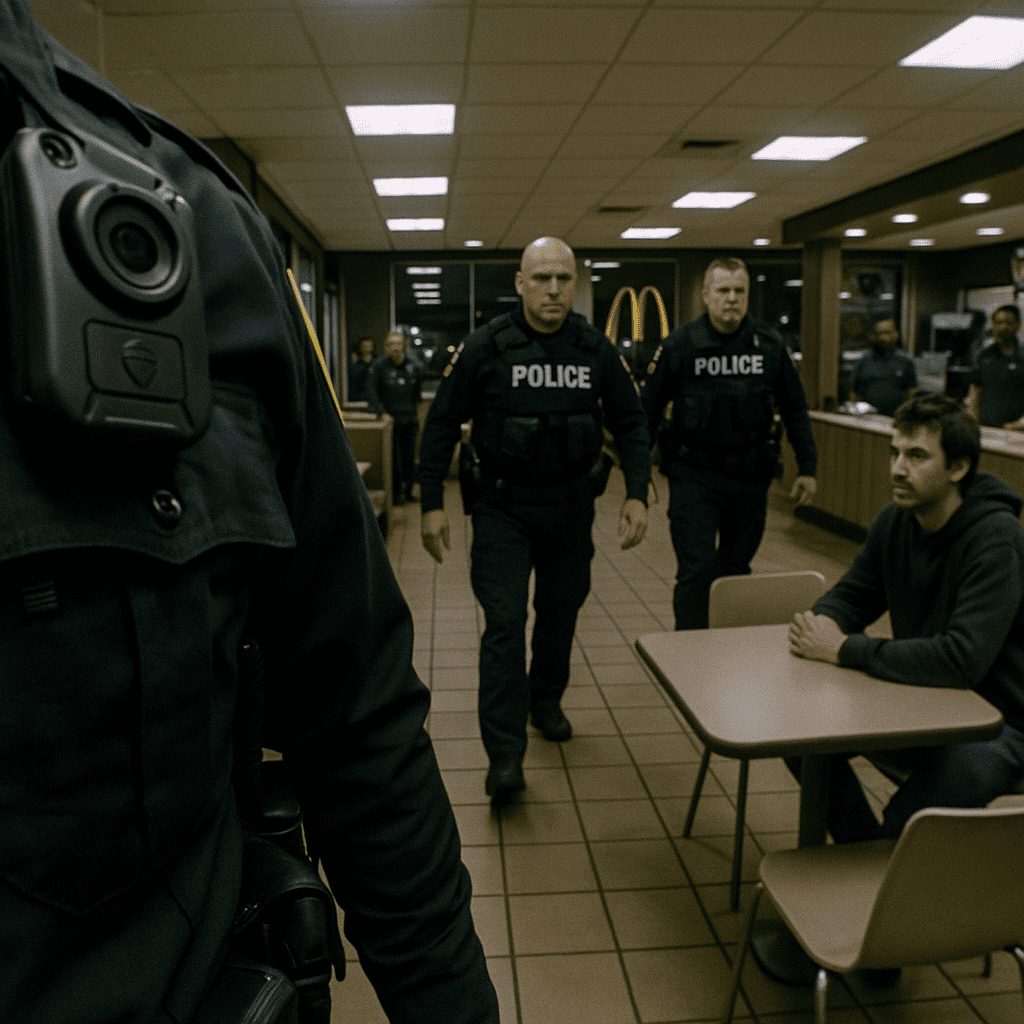 Police officers in a McDonald’s approach a seated man as a body‑worn camera records the encounter.