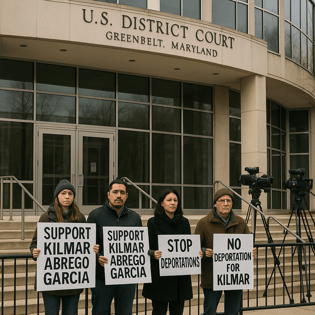 Activists stand outside the U.S. District Court in Maryland holding signs as they call for Kilmar Abrego Garcia’s release from immigration detention.