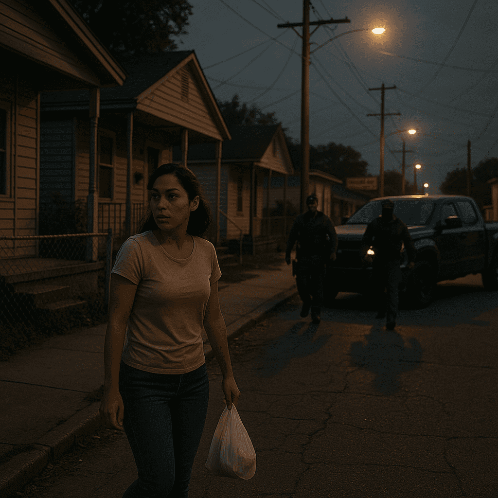 A woman walking through a Louisiana neighborhood looks back as two masked federal agents step from an unmarked truck behind her.