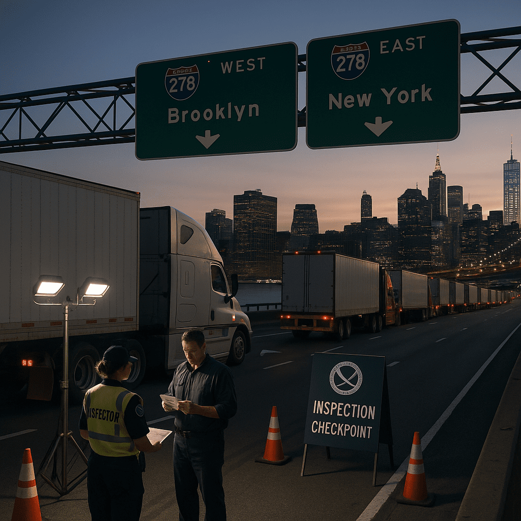 Transportation inspectors review a truck driver’s commercial license at a highway checkpoint outside New York City as freight traffic moves across a busy bridge.