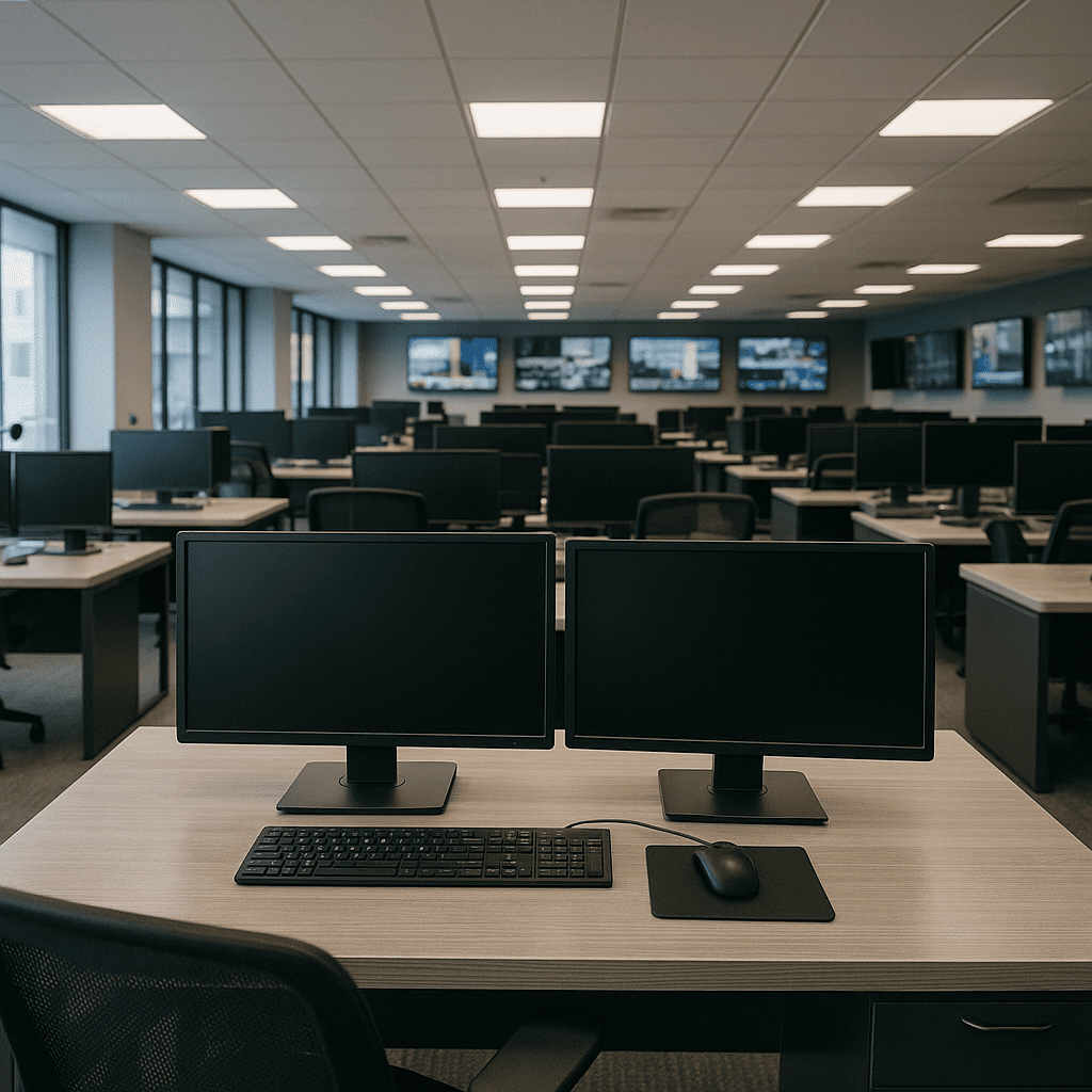 Armed men stand near vehicles and abandoned boats along a tense Libyan shoreline at dusk, suggesting militia control over migrant departure routes.