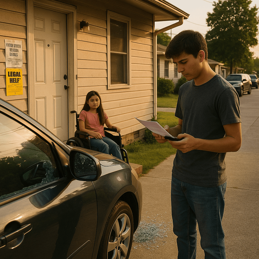 A teenage boy in Kenner, Louisiana stands by his mother’s car with a broken window while caring for his younger sister outside their home after an immigration raid.