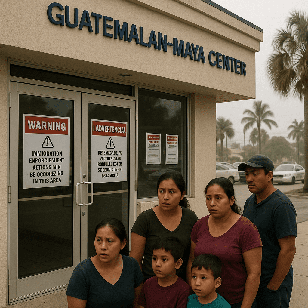 Community members stand outside the Guatemalan-Maya Center in Lake Worth Beach, Florida, reading posted signs about increasing immigration detentions.